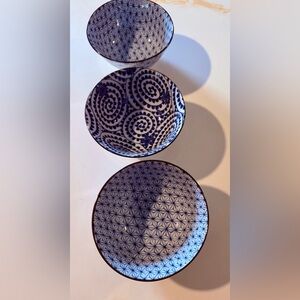 3- Artistic Blue and White Ceramic Bowls made in Japan